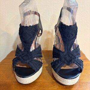 Lucky Brand Blue Jeans America Black Wedge Sandals Women's 11